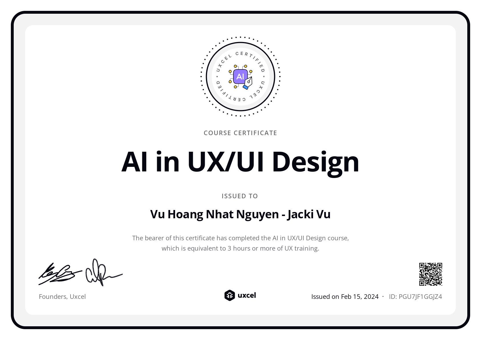 Vu Hoang Nhat Nguyen - Jacki Vu's certificate
